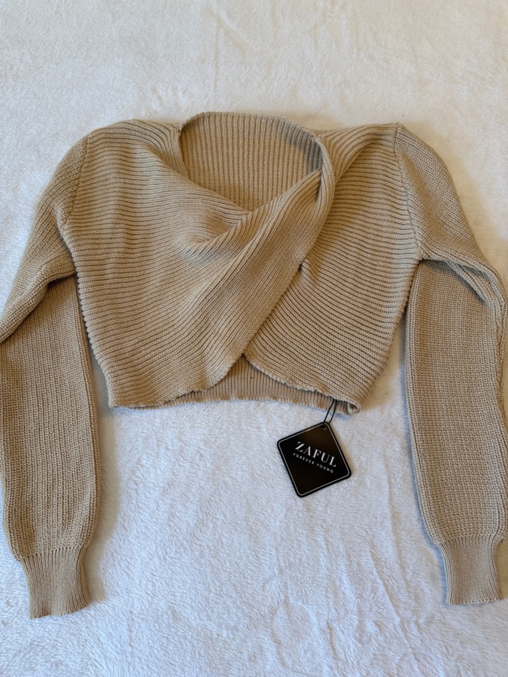 Zaful Beige Off-Shoulder Cropped Rib Knit Sweater